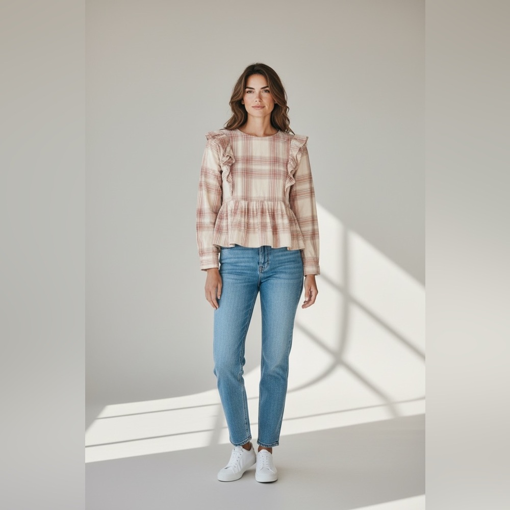 Loft Long Sleeve Plaid Ruffle Front Blouse Pink Size Small